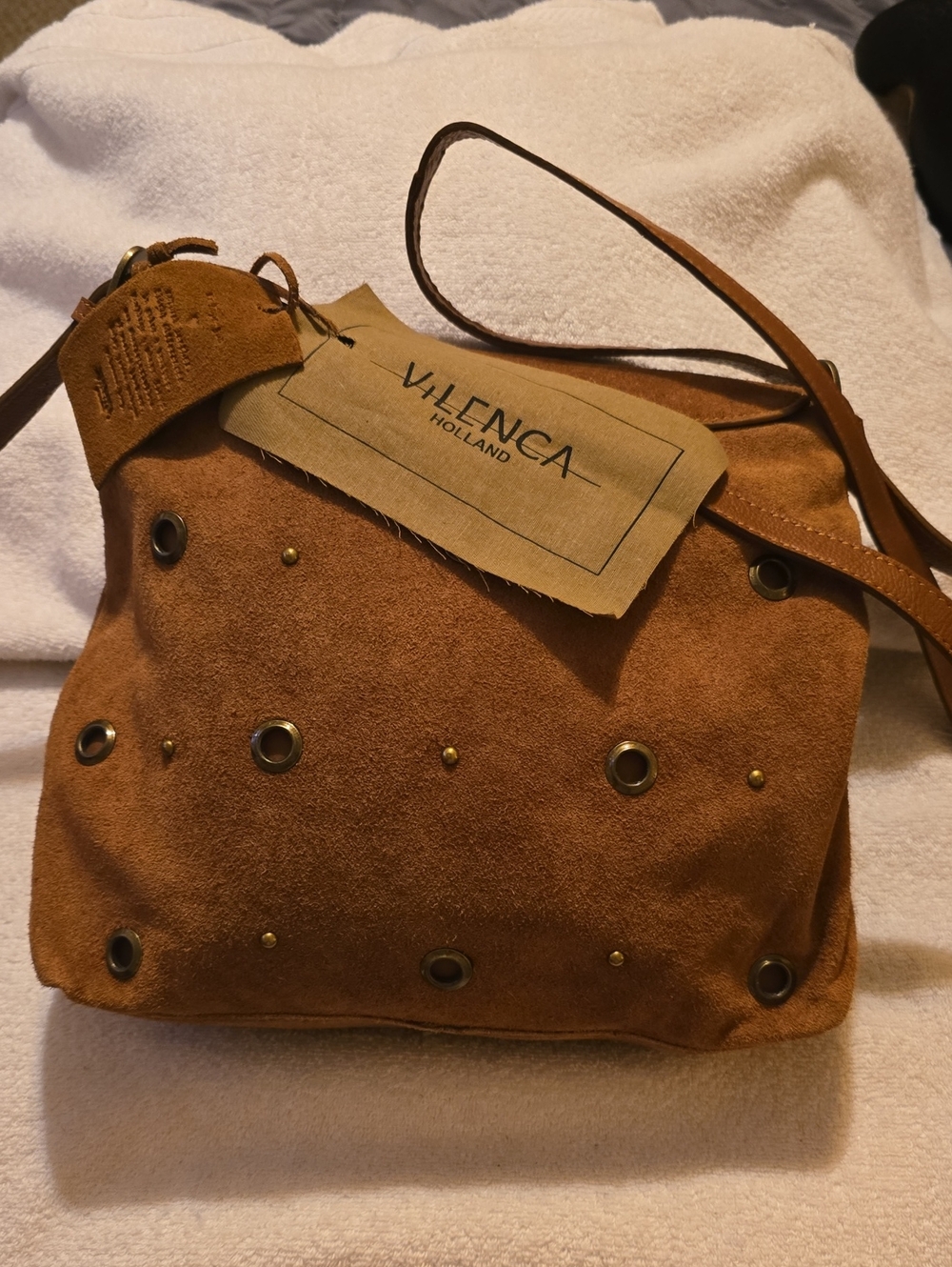 Vilenca Holland Brown Genuine Suede Studded Eyelet Shoulder Bag Boho NWT